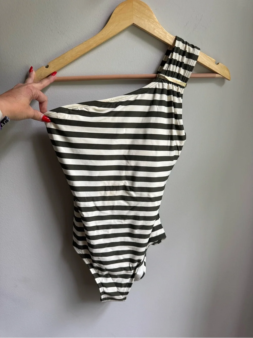 Michael Kors Olive Green & White Striped One-Shoulder One-Piece Swim